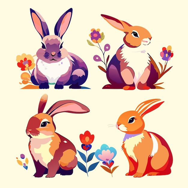 Watercolor Easter Bunny Collection Flat Vector Art