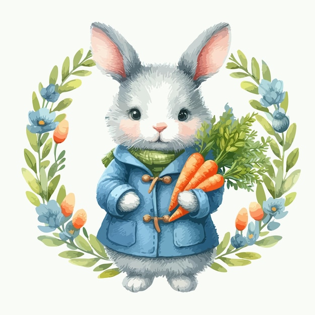 Watercolor Easter bunny rabbit with a carrot