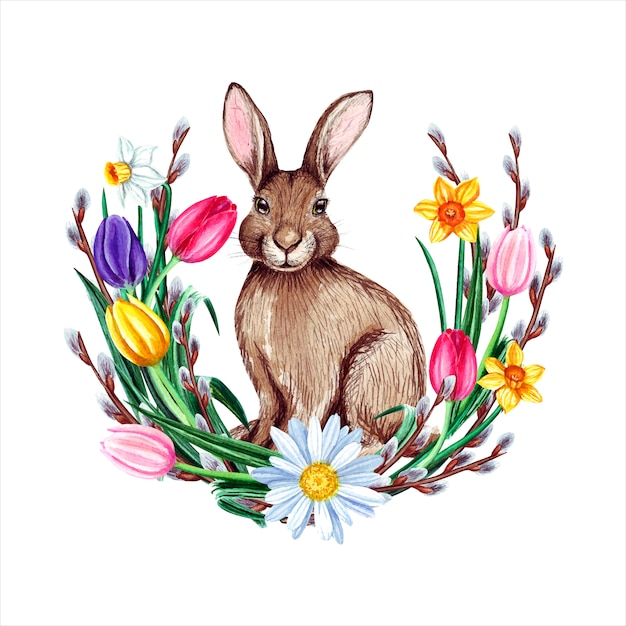 Watercolor  easter bunny with flowers and pussy willow.