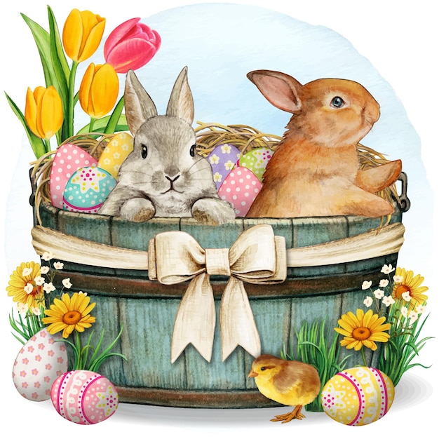 Watercolor easter wooden bucket with bunnies chicken and decorated eggs