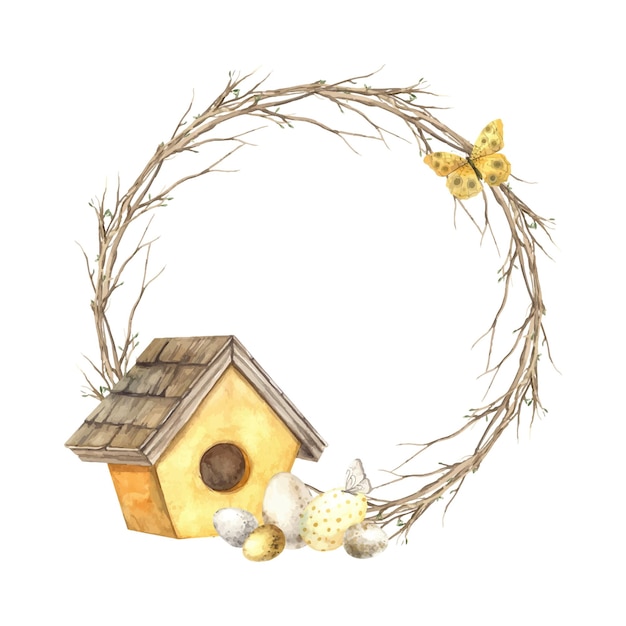 Watercolor Easter wreath made of tree branches with a yellow wooden birdhouse eggs and butterflies