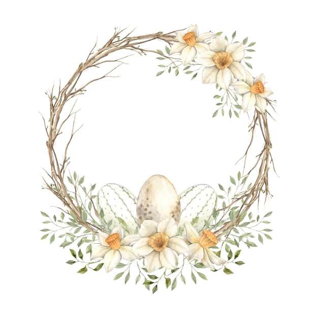 Watercolor Easter wreath of spring branches with green leaves daffodils and eggs