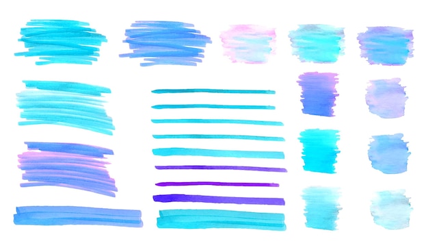 Watercolor elements in the form of stains textures brushes Blue and purple colors Vector