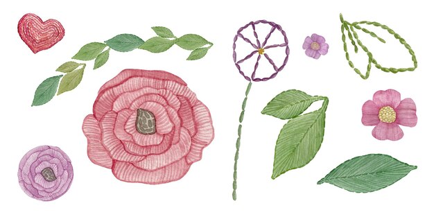 Vector watercolor embroidered elements red and purple flowers green leaves and hearts