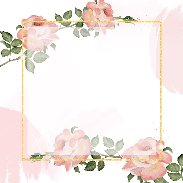 Watercolor english rose with golden luxury square frame with copy space for text