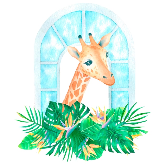 Watercolor exotic composition with giraffe in window strelitzia flowers and tropical palm leaves