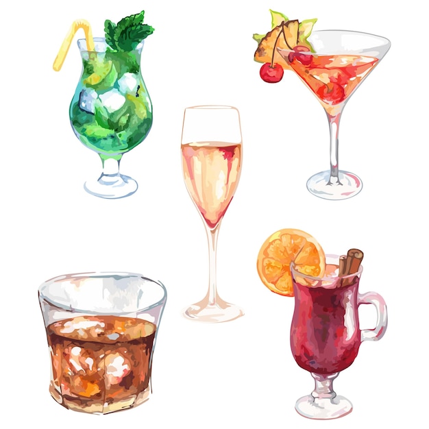 Watercolor exotic drink alcohol cocktail set isolated vector