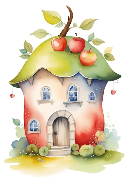 Watercolor fairytale apple house