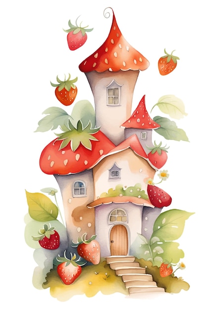 Watercolor fairytale strawberry house