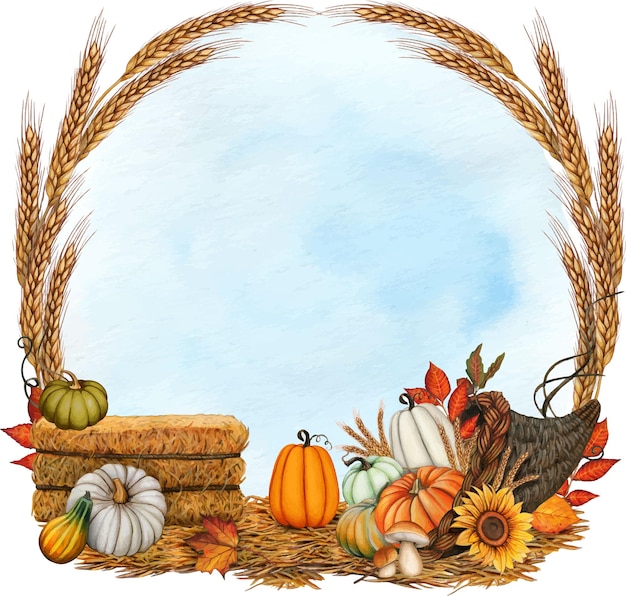 Watercolor fall wreath with ears of wheat pumpkins and autumn l