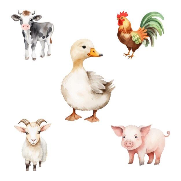 Vector watercolor farm animals vector set design