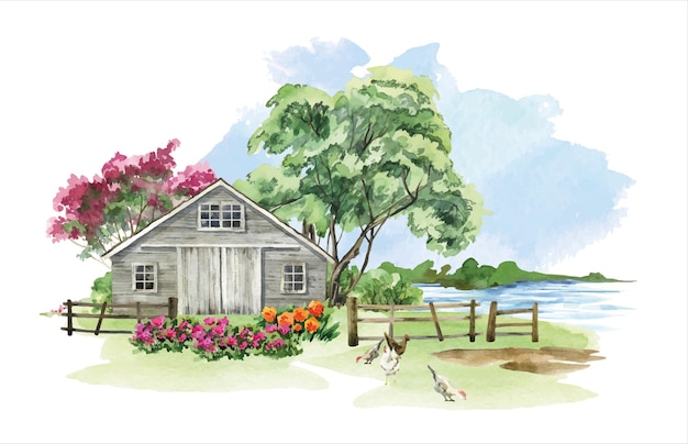 Watercolor farm summer rural landscape