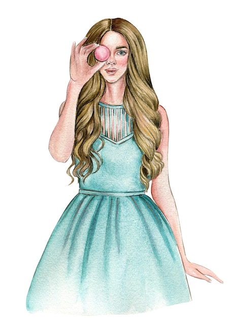 Watercolor fashion girl wth red blond and dark hair inblue dress