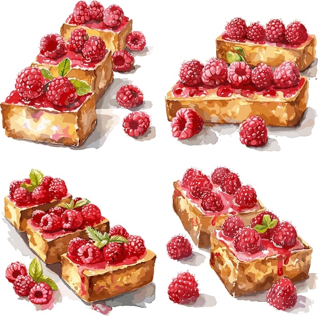 Watercolor financier with raspberries clipart collection