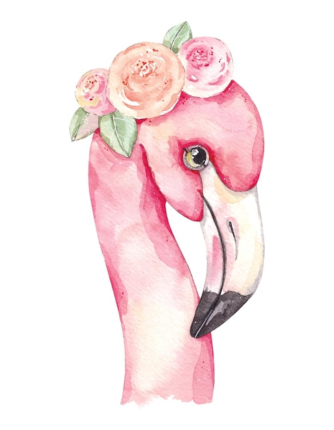 Watercolor flamingo with flowers on a white background