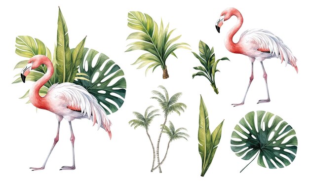 Vector watercolor flamingo with palm leaves