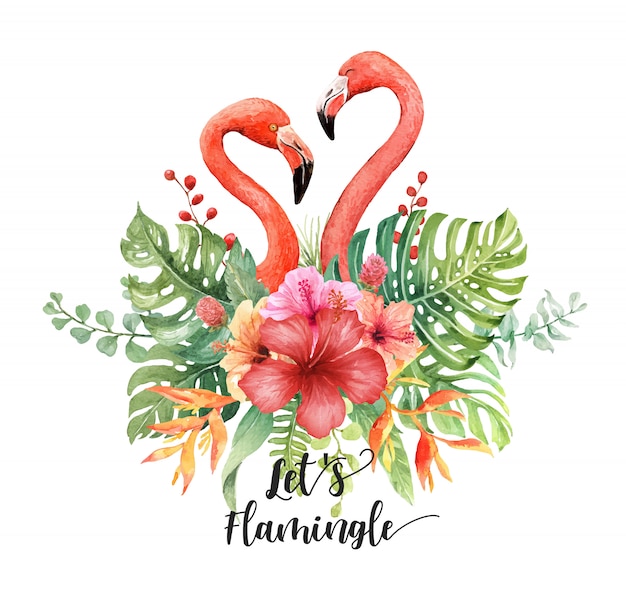 Watercolor Flamingos Heart in Tropical Bouquet 