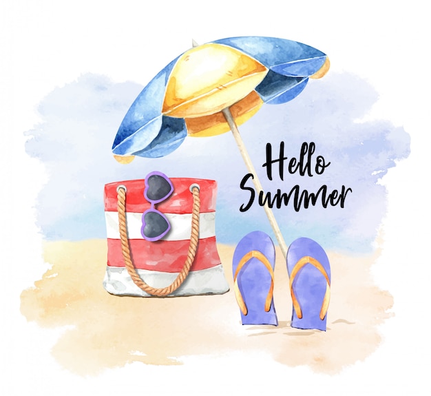 Watercolor flip flops, umbrella, sunglasses and bag on beach