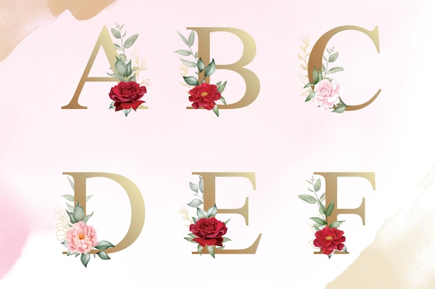 Watercolor floral alphabet set of a b c d e f with hand drawn Flower and Leaves