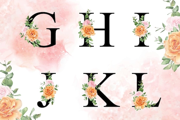 Watercolor floral alphabet set of g h i j k l with hand drawn flowers and leaves