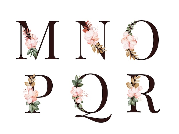 Watercolor floral alphabet set of M; N; O; P; Q; R with red and brown flowers and leaves.