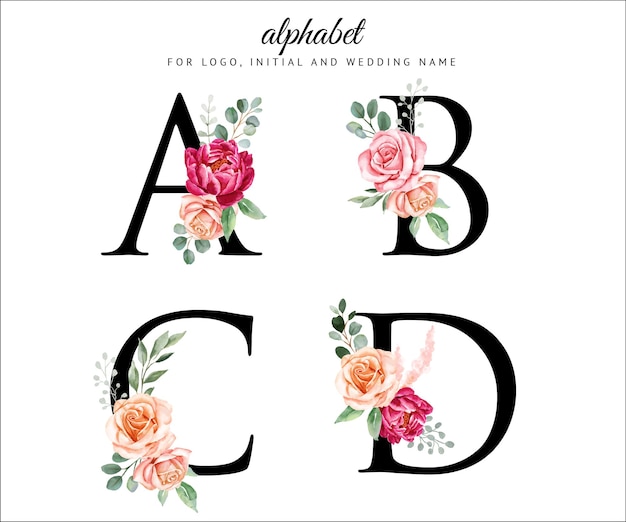 Watercolor floral alphabet set with flowers and leaves