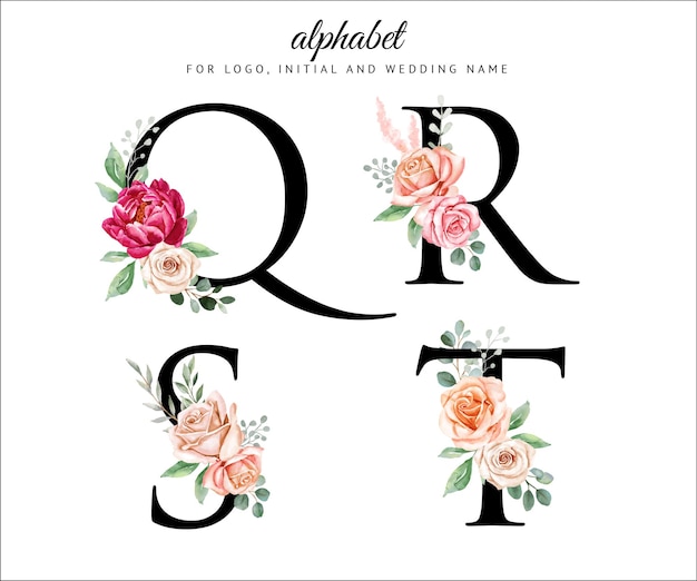 Watercolor floral alphabet set with flowers and leaves