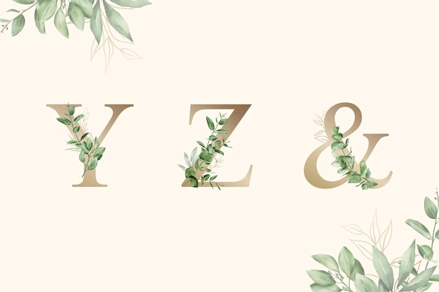 Watercolor floral alphabet set of y z and with hand drawn Foliage