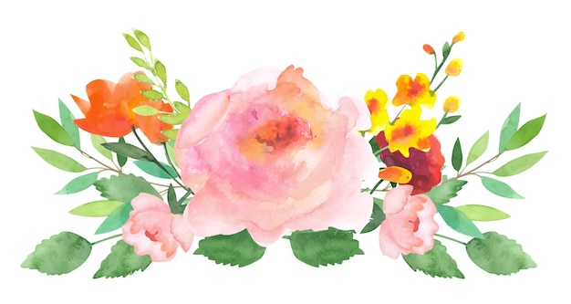 Watercolor floral arrangement of rose eucalyptus wild rose buttercups and various field herbs and leaves