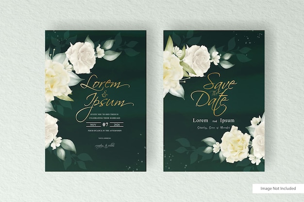 Watercolor floral arrangement wedding card template set with floral and leaves decoration