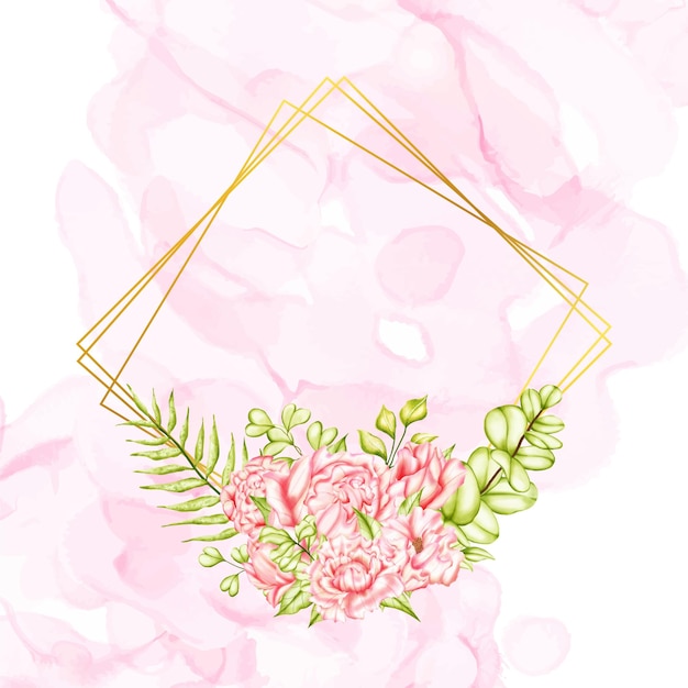 Watercolor floral background with gold frame