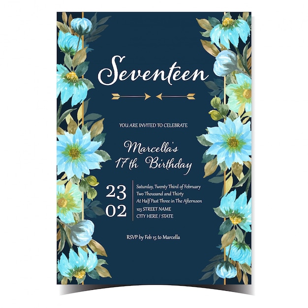 watercolor floral birthday invitation with blue flowers