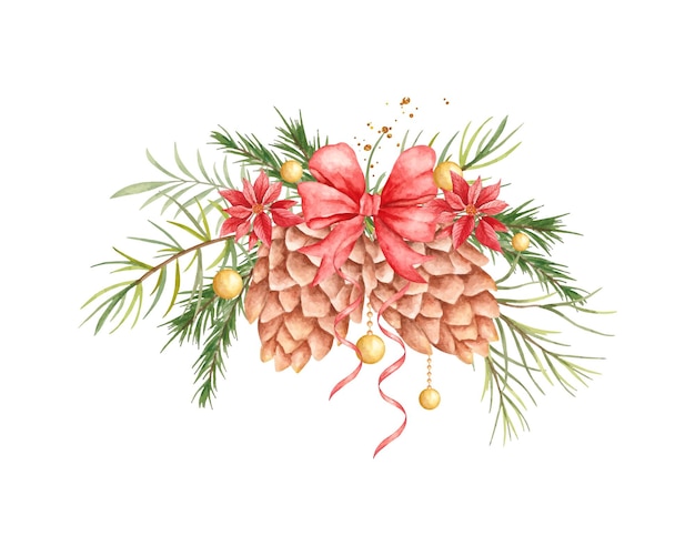 Watercolor floral bouquet with pine cone for christmas decoration