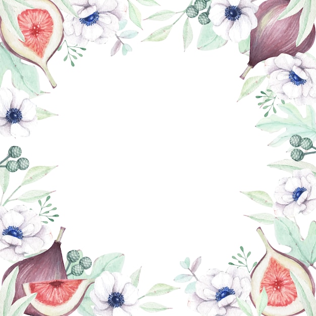 Watercolor floral and figs background frame border