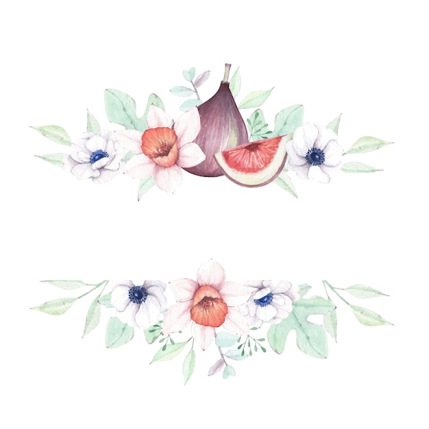 Watercolor floral and figs frame