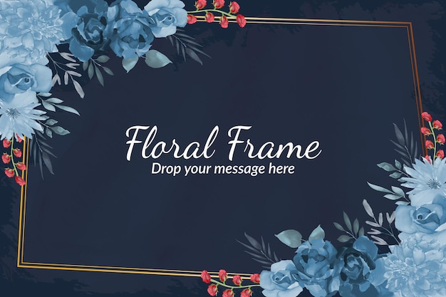 Watercolor floral frame background with blue rose's Free Vector