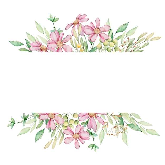 Watercolor floral frame banner of pink flowers