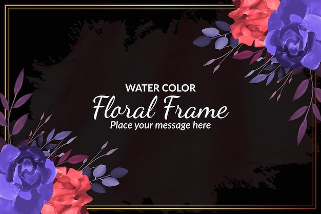 Watercolor floral frame black background with red rose's and blue leave's with Free Vector