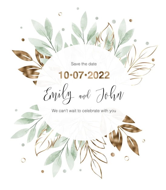 Vector watercolor floral frame wedding invitation card gold and green leaves