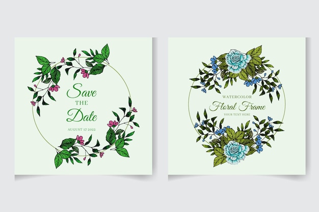 Watercolor floral frame wedding invitation with green leaves flowers branches fabric invites