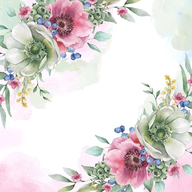 Watercolor floral frame with anemone flowers