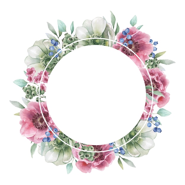 Watercolor floral frame with anemone flowers