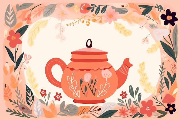 Vector watercolor floral frame with a teapot