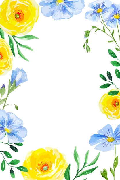 Watercolor floral greeting frame for cards, invitations with blue and yellow flowers