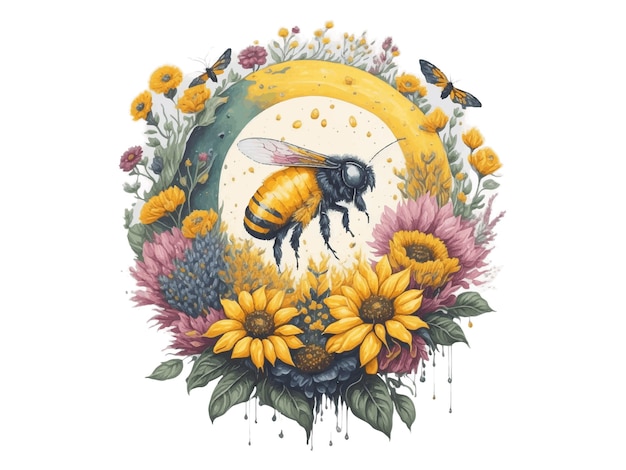 Watercolor Floral Honey Moon Flying Bee Sunflower Vector Illustration Isolated In White Backgroun