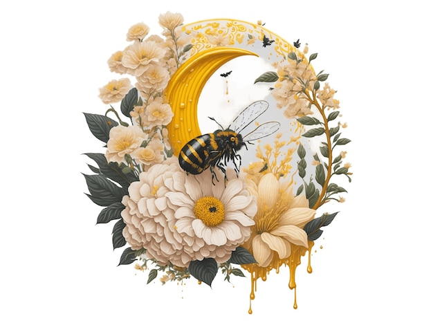 Watercolor Floral Honey Moon Flying Bee Sunflower Vector Illustration Isolated In White Backgroun