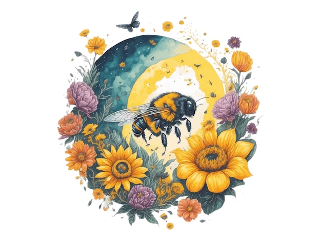 Watercolor Floral Honey Moon Flying Bee Sunflower Vector Illustration Isolated In White Backgroun