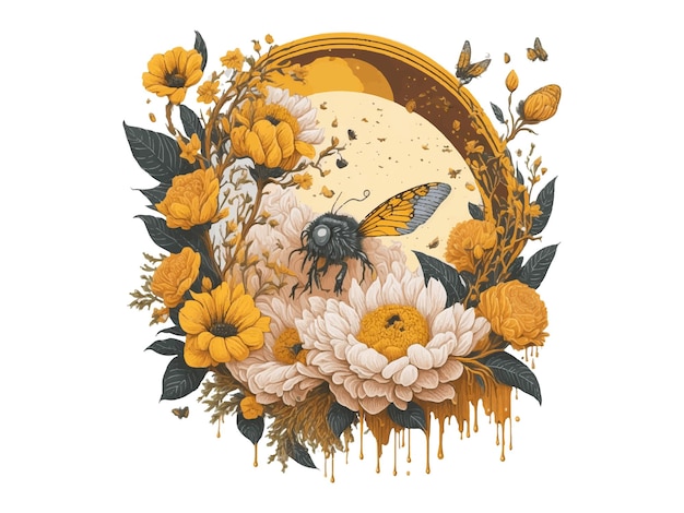 Watercolor Floral Honey Moon Flying Bee Sunflower Vector Illustration Isolated In White Backgroun