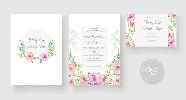 Watercolor floral and leaves invitation card set