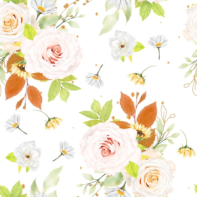 watercolor floral and leaves seamless pattern